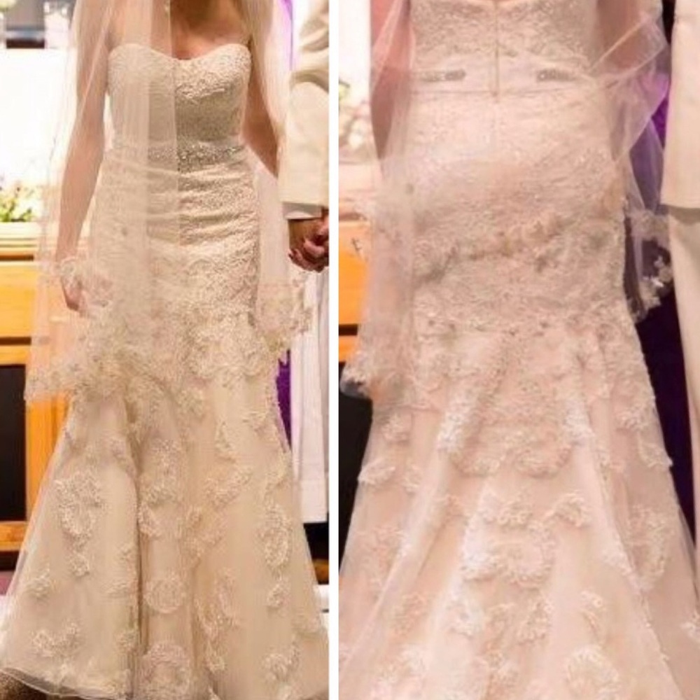 Oleg Cassini Bridal Gown Strapless Trumpet Train Lace Floral Beaded Size 00